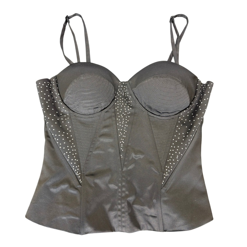 Vtg Arden B Black Satin Zip Back Rhinestone Studded Corset Size Medium Bustier